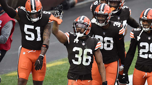 Jan 3, 2021; Cleveland, Ohio, USA; Cleveland Browns cornerback M.J. Stewart (36) celebrates an interception during the second half against the Pittsburgh Steelers at FirstEnergy Stadium. Mandatory Credit: Ken Blaze-USA TODAY Sports